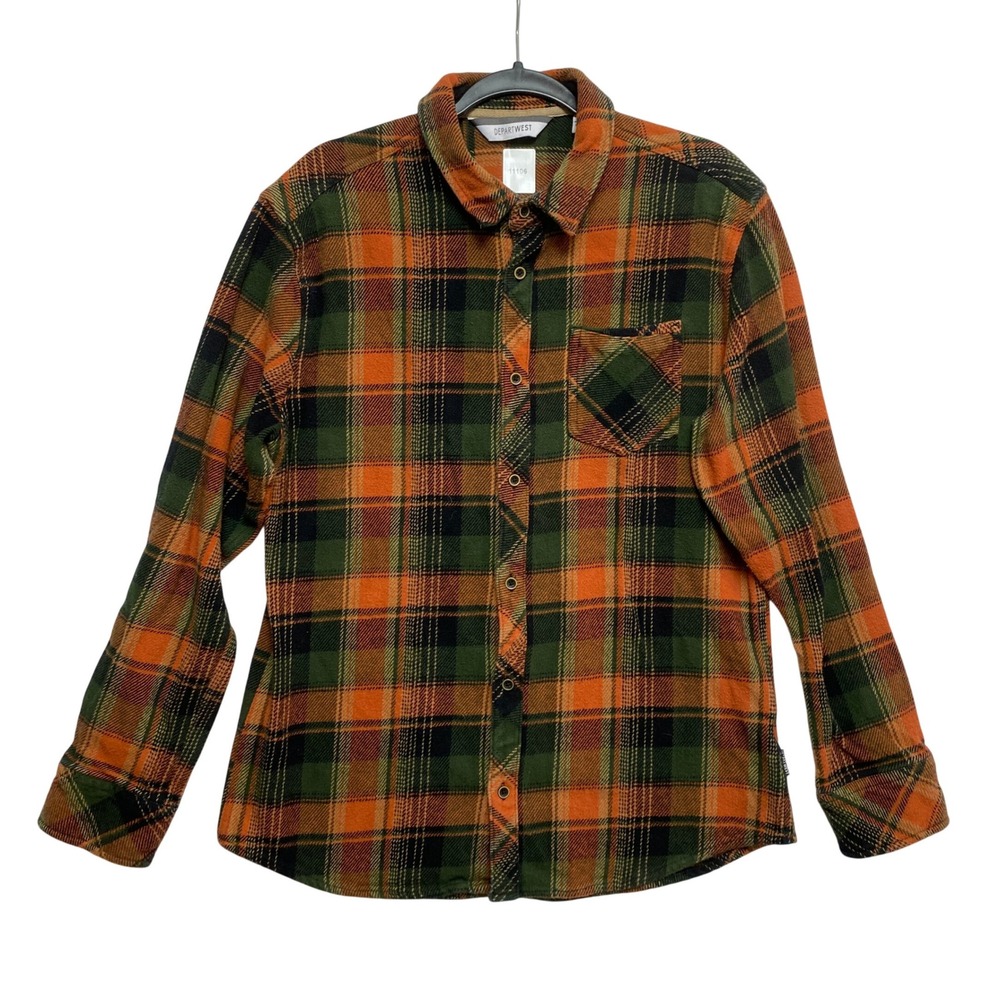Departwest Flannel Shirt Mens XL Orange Green Long Sleeve Plaid  Button Down